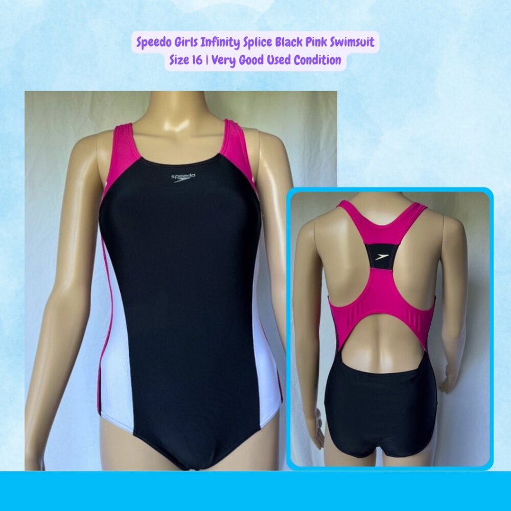 Speedo Girls Infinity Splice Black Pink Swimsuit - Size 16